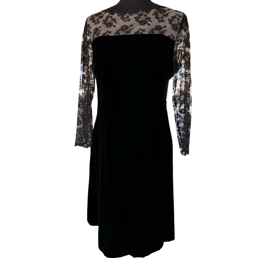 Vintage 70s Black Velvet Sheer Lacr Overlay Midi Dress - Size M - With Tag